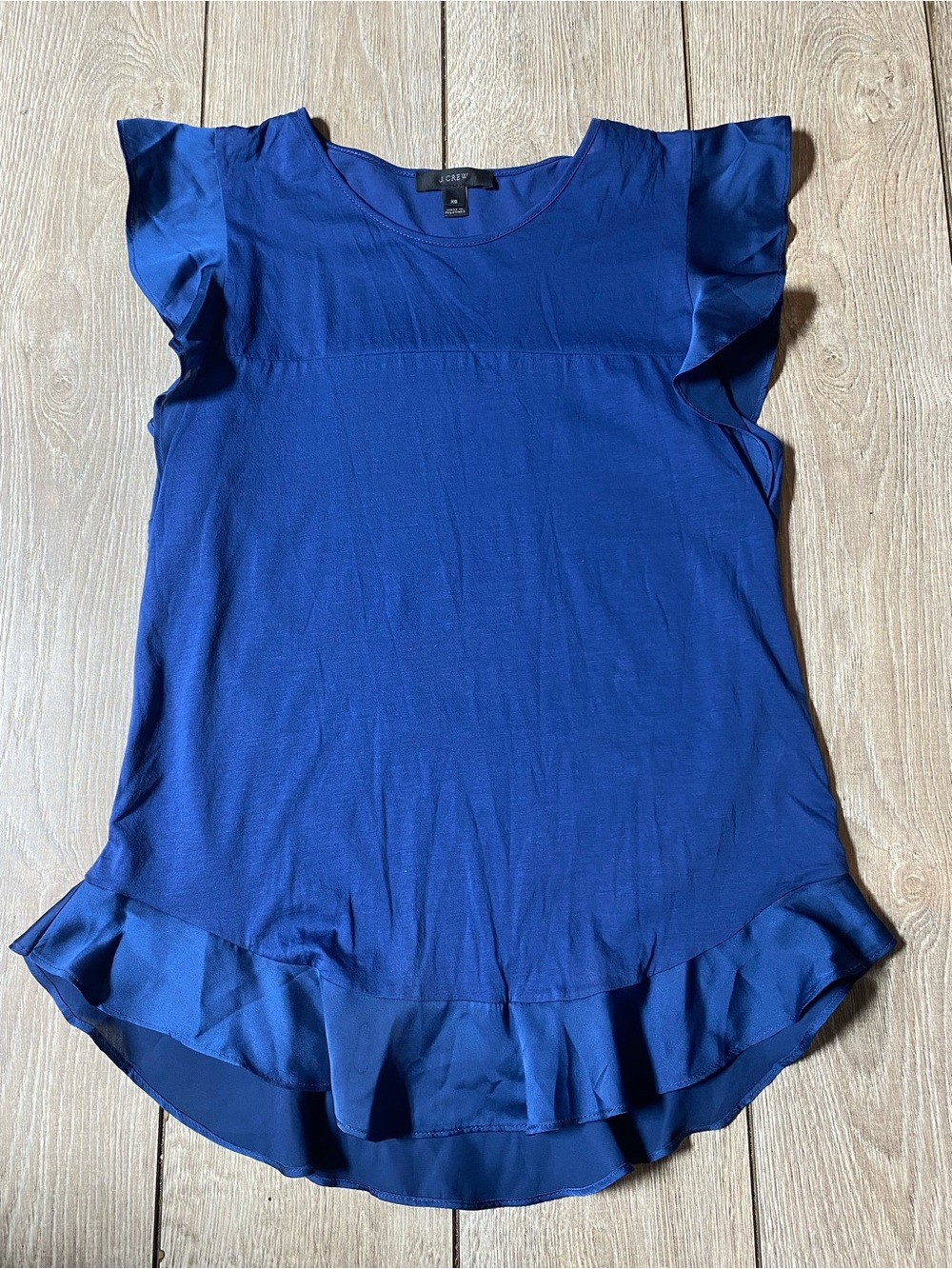 J. Crew Cobalt Blue Flutter Sleeve Ruffle Hem Satin Trim Blouse Sz XS